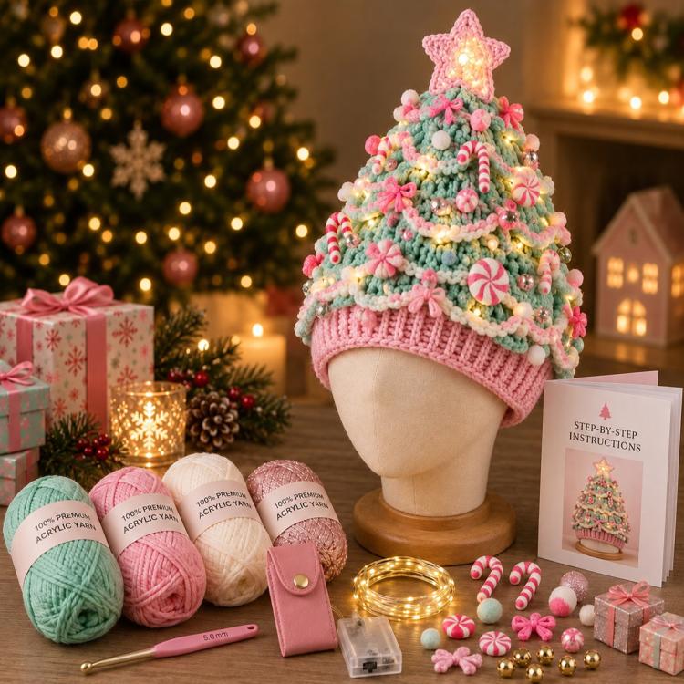 Lighted Christmas Tree Crochet Hat DIY Kit — Pearlescent