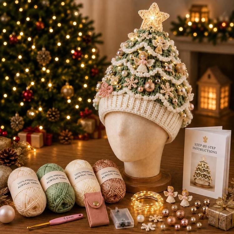 Lighted Christmas Tree Crochet Hat DIY Kit — Blush Gold