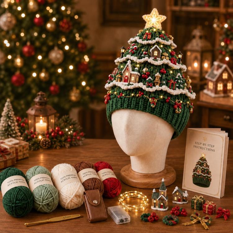 Lighted Christmas Tree Crochet Hat DIY Kit — Winter Forest