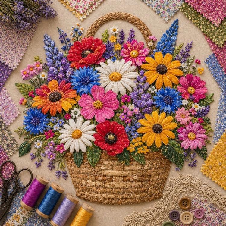 Floral Basket Patchwork DIY Kit Material Kit — Light-colored Wildflowers