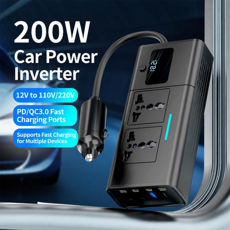 Car Cigarette Lighter to 200W AC Output, USB-A, Type-C Smart Digital Display Car Power Inverter