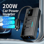 Car Cigarette Lighter to 200W AC Output, USB-A, Type-C Smart Digital Display Car Power Inverter