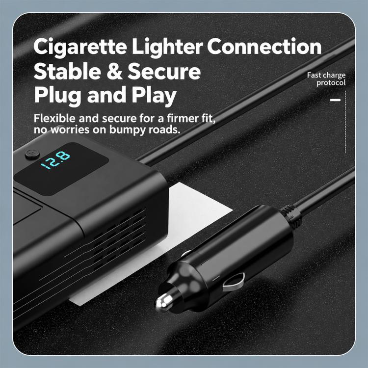 Car Cigarette Lighter to 200W AC Output, USB-A, Type-C Smart Digital Display Car Power Inverter