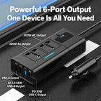 Car Cigarette Lighter to 200W AC Output, USB-A, Type-C Smart Digital Display Car Power Inverter