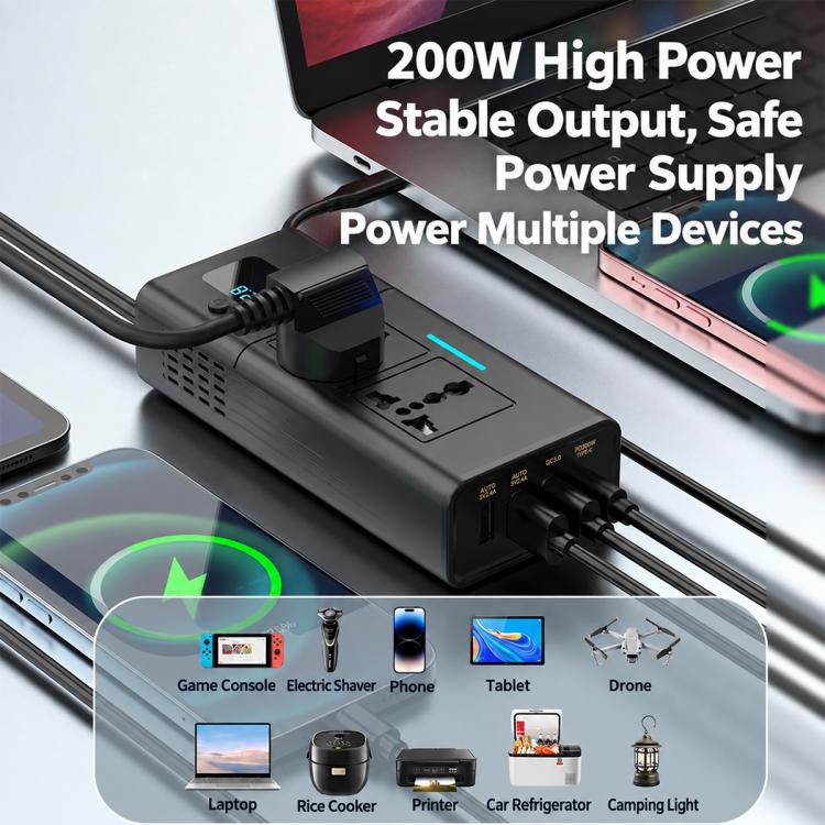 Car Cigarette Lighter to 200W AC Output, USB-A, Type-C Smart Digital Display Car Power Inverter