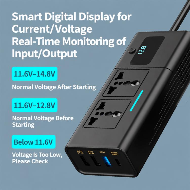 Car Cigarette Lighter to 200W AC Output, USB-A, Type-C Smart Digital Display Car Power Inverter