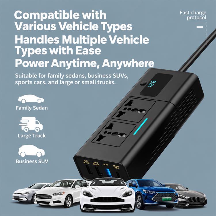 Car Cigarette Lighter to 200W AC Output, USB-A, Type-C Smart Digital Display Car Power Inverter