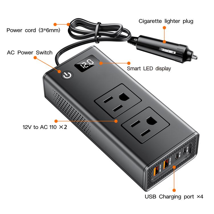 M6800 Car Cigarette Lighter to AC 110V Output, USB-A, Type-C Smart Digital Display Car Inverter, 60cm Cable Length