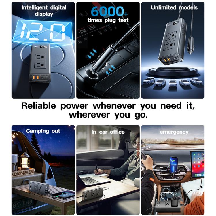 M6800 Car Cigarette Lighter to AC 110V Output, USB-A, Type-C Smart Digital Display Car Inverter, 60cm Cable Length