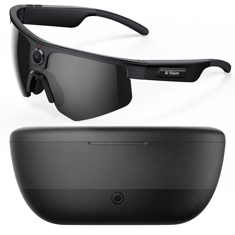 Q02 Ultra Cycling AI Smart Glasses with 8MP Camera, AI Translation, Video Recording, Voice Assistant, Ice Green Lens, Ice Purple Lens, Orange Lens, Gold Yellow Lens, Sunglasses Lens, Transparent Lens — Brown Charging Case