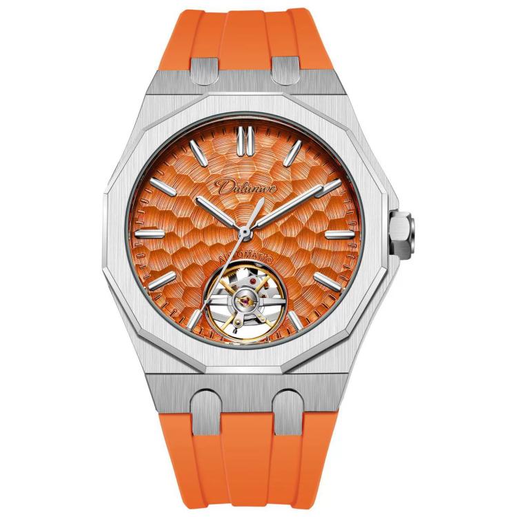 Dulunwe 6085 Skeleton Tourbillon Men Automatic Mechanical Silicone Strap Watch — White Shell White Surface
