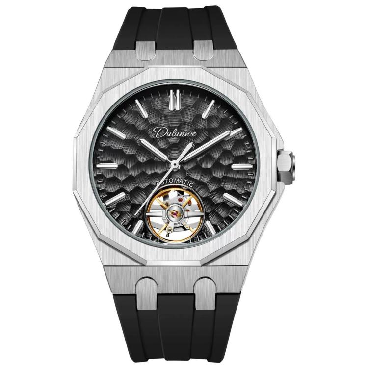 Dulunwe 6085 Skeleton Tourbillon Men Automatic Mechanical Silicone Strap Watch — White Shell Orange Surface