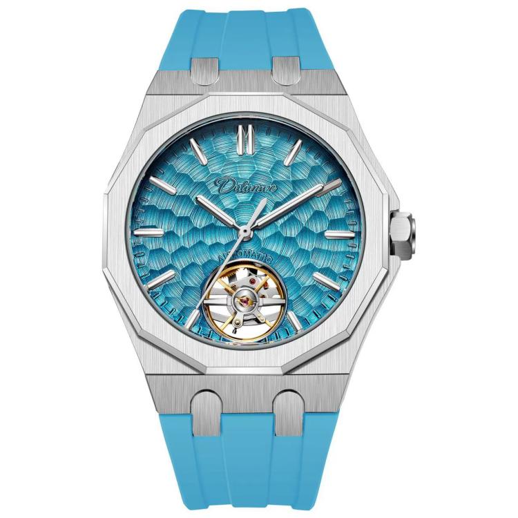 Dulunwe 6085 Skeleton Tourbillon Men Automatic Mechanical Silicone Strap Watch — White Shell Black Surface