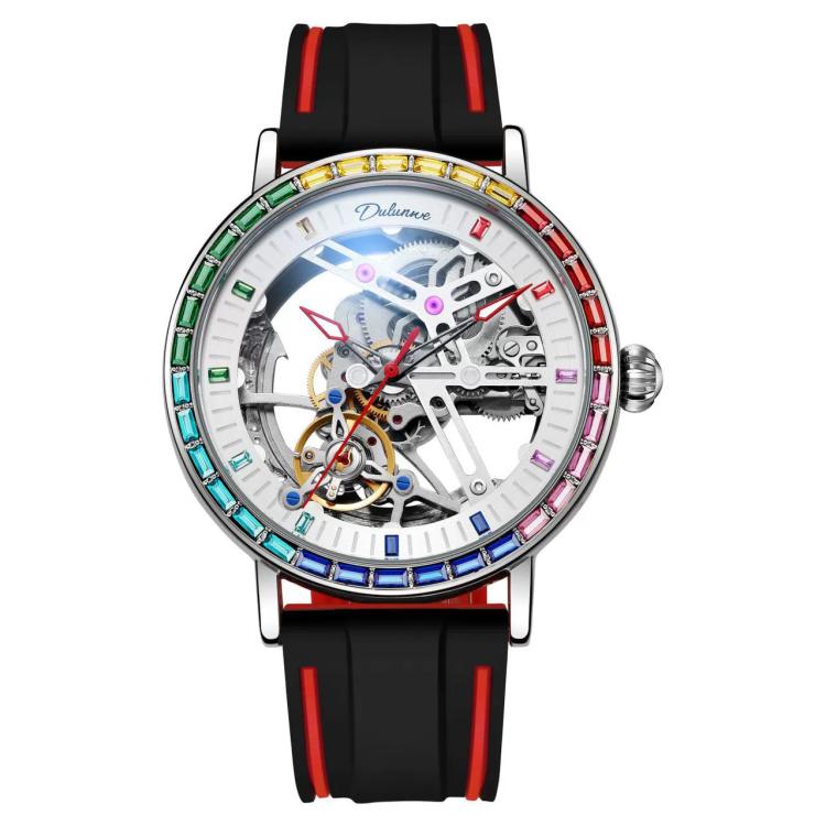 Dulunwe 6057B Automatic Skeleton Men Mechanical Watch — White Shell White Surface Steel Strip