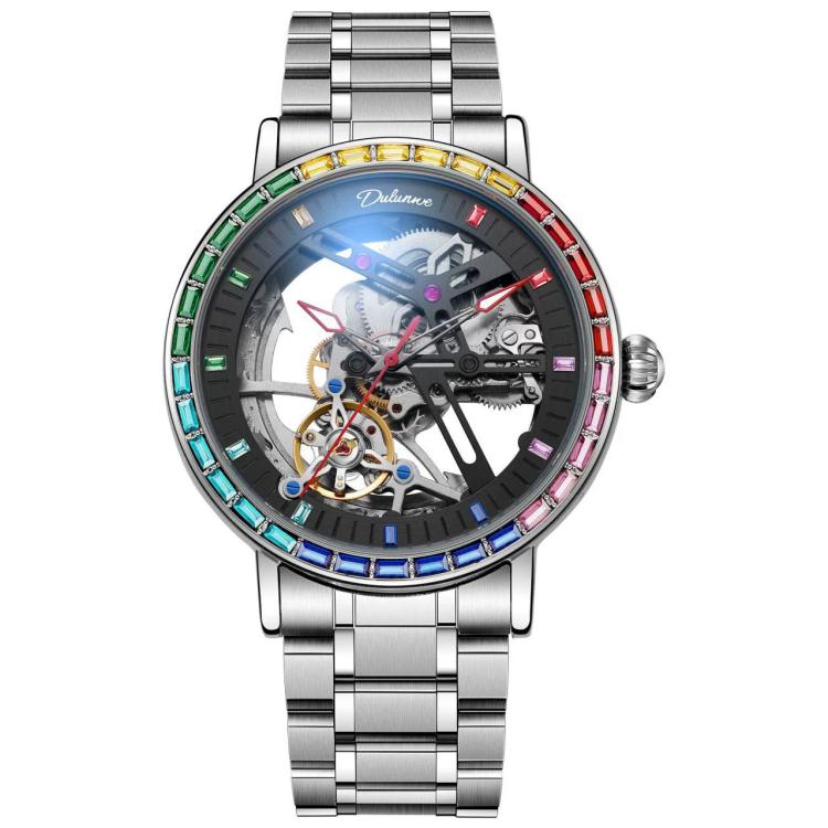 Dulunwe 6057B Automatic Skeleton Men Mechanical Watch — White Shell White Surface Silicone Strap