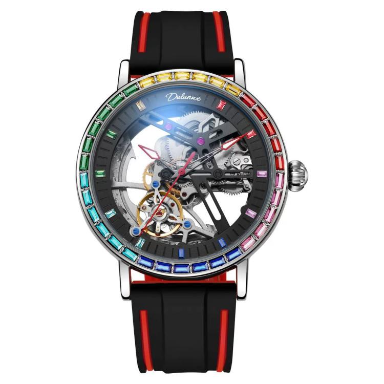 Dulunwe 6057B Automatic Skeleton Men Mechanical Watch — White Shell Black Surface Steel Strip