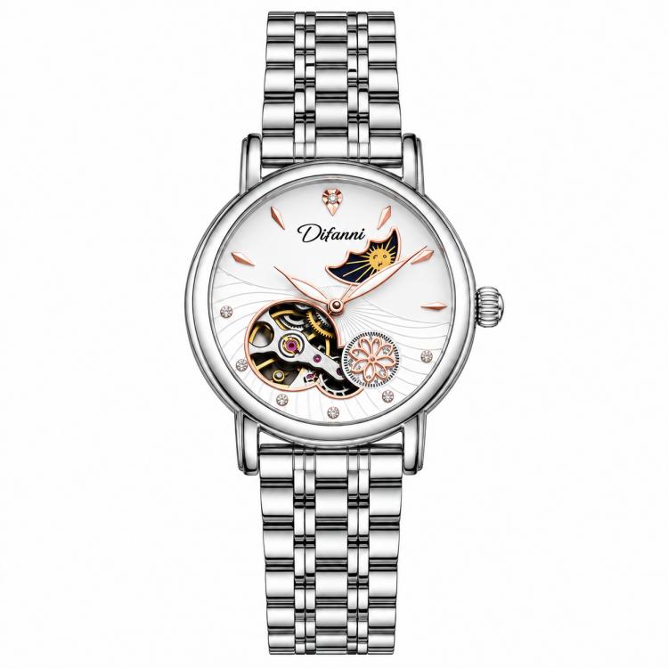 Dulunwe 6023C Moon and Stars Multifunctional Automatic Mechanical Waterproof Women Steel Bracelet Watch