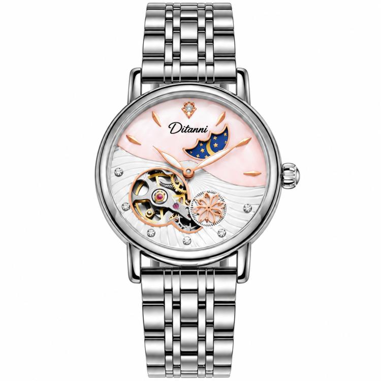 Dulunwe 6023C Moon and Stars Multifunctional Automatic Mechanical Waterproof Women Steel Bracelet Watch — Silver Steel Strip White