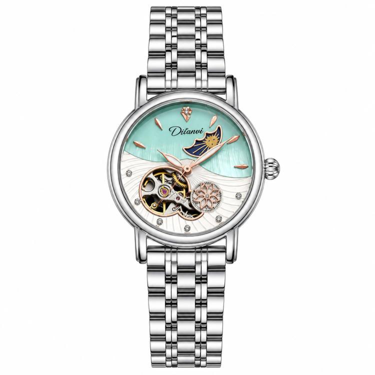 Dulunwe 6023C Moon and Stars Multifunctional Automatic Mechanical Waterproof Women Steel Bracelet Watch — Silver Steel Strip Pink