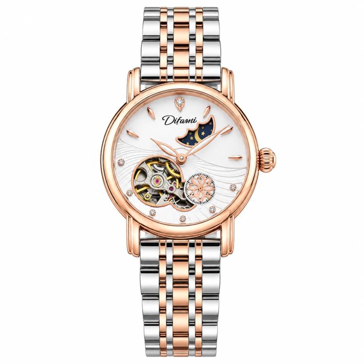Dulunwe 6023C Moon and Stars Multifunctional Automatic Mechanical Waterproof Women Steel Bracelet Watch — Silver Steel Strip Green