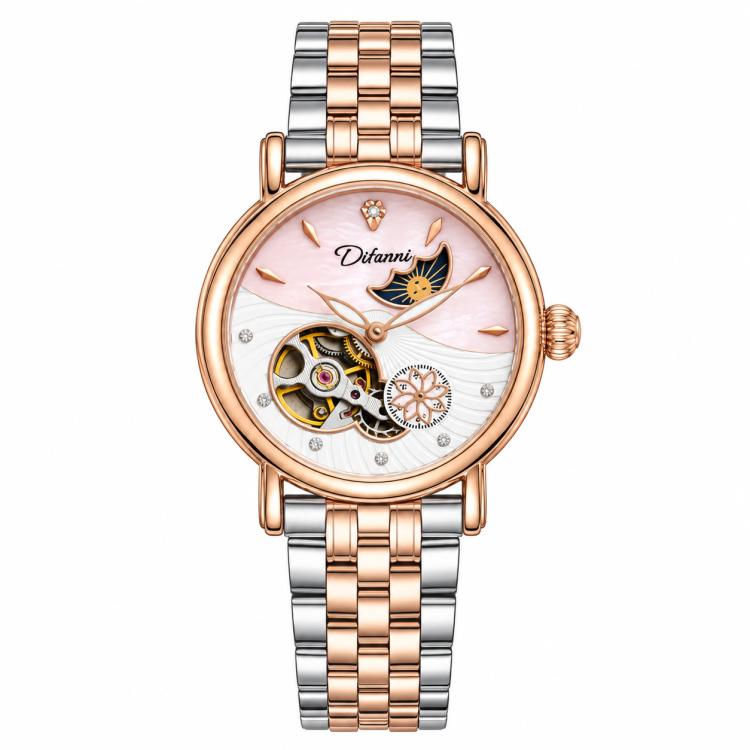 Dulunwe 6023C Moon and Stars Multifunctional Automatic Mechanical Waterproof Women Steel Bracelet Watch — Rose Gold Steel Strip White