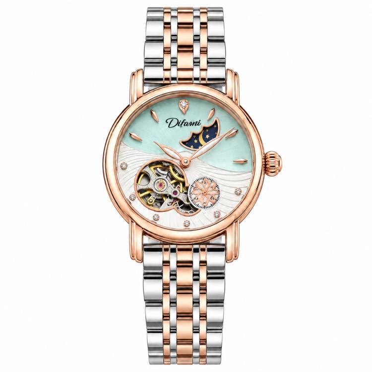 Dulunwe 6023C Moon and Stars Multifunctional Automatic Mechanical Waterproof Women Steel Bracelet Watch — Rose Gold Steel Strip Pink