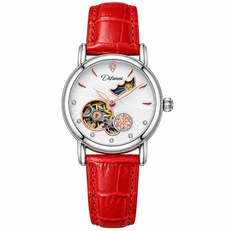 Dulunwe 6023C Moon and Stars Multifunctional Automatic Mechanical Waterproof Women Genuine Leather Watch — Silver Shell White