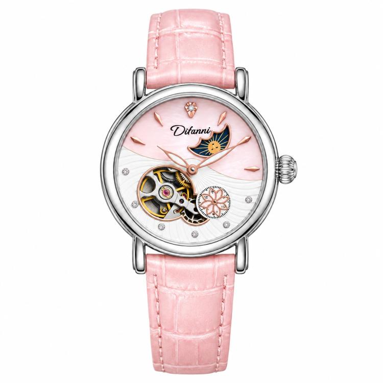 Dulunwe 6023C Moon and Stars Multifunctional Automatic Mechanical Waterproof Women Genuine Leather Watch — Silver Shell Red