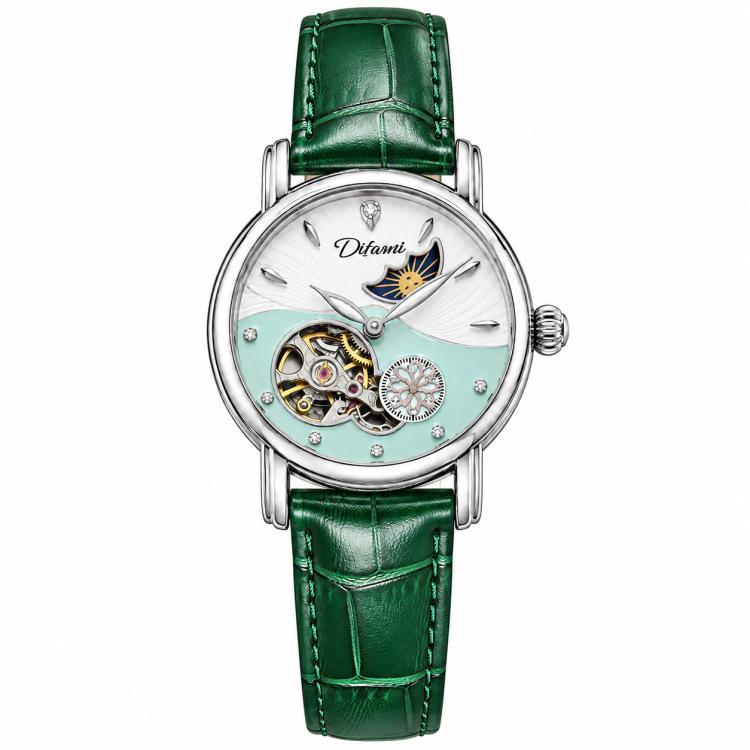 Dulunwe 6023C Moon and Stars Multifunctional Automatic Mechanical Waterproof Women Genuine Leather Watch — Silver Shell Pink