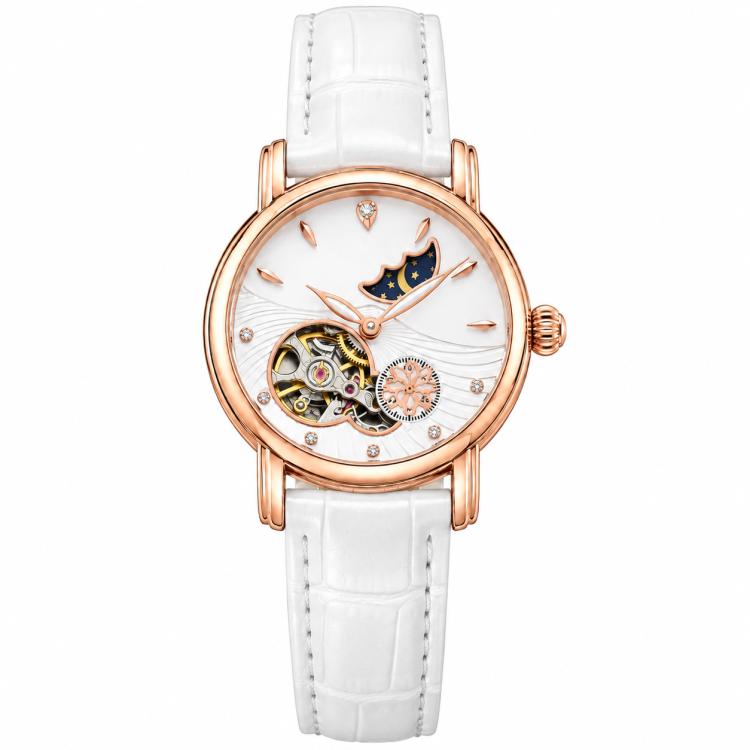 Dulunwe 6023C Moon and Stars Multifunctional Automatic Mechanical Waterproof Women Genuine Leather Watch — Silver Shell Green