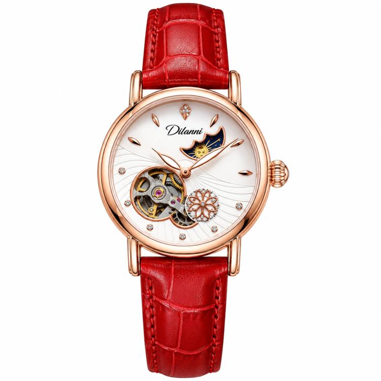 Dulunwe 6023C Moon and Stars Multifunctional Automatic Mechanical Waterproof Women Genuine Leather Watch — Rose Gold Shell White