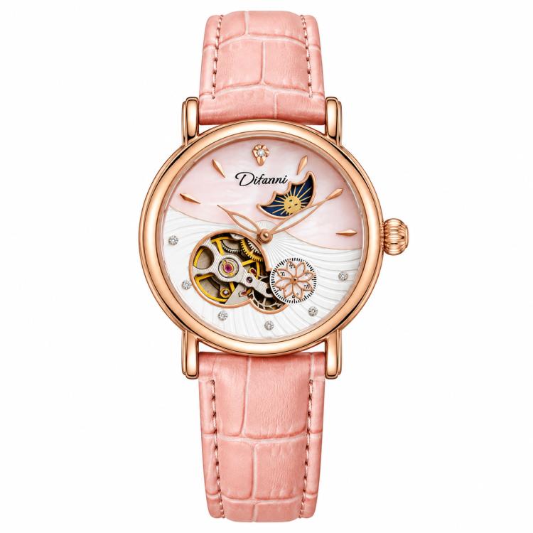 Dulunwe 6023C Moon and Stars Multifunctional Automatic Mechanical Waterproof Women Genuine Leather Watch — Rose Gold Shell Red