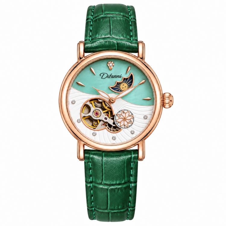 Dulunwe 6023C Moon and Stars Multifunctional Automatic Mechanical Waterproof Women Genuine Leather Watch — Rose Gold Shell Pink