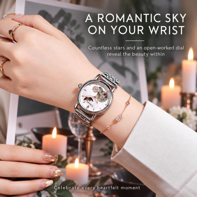 Dulunwe 6023C Moon and Stars Multifunctional Automatic Mechanical Waterproof Women Genuine Leather Watch — view 13