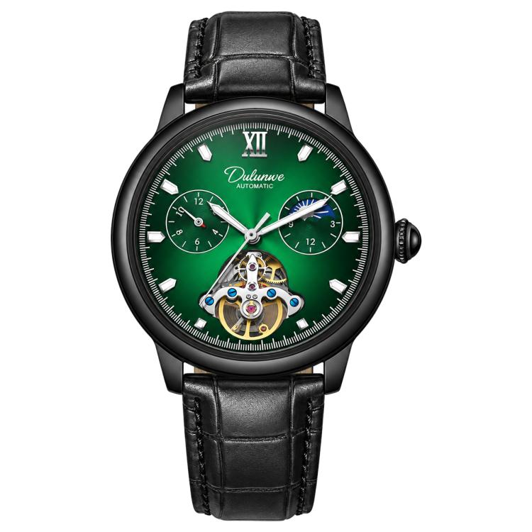 Dulunwe 6049B Ballon Bleu Tourbillon Men Automatic Mechanical Watch — Green Surface Black Shell Steel Strip