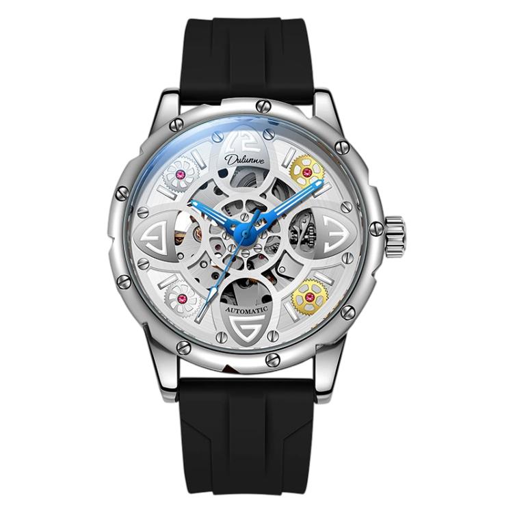 Dulunwe 6033A Clover Shaped Men Sport Skeleton Automatic Mechanical Watch — White Shell White Silicone Strap White Surface