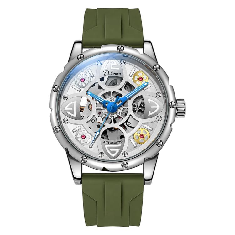 Dulunwe 6033A Clover Shaped Men Sport Skeleton Automatic Mechanical Watch — White Shell Black Silicone Strap White Surface