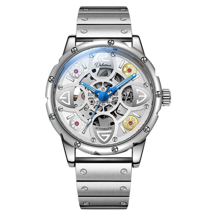 Dulunwe 6033A Clover Shaped Men Sport Skeleton Automatic Mechanical Watch — White Shell Green Silicone Strap White Surface
