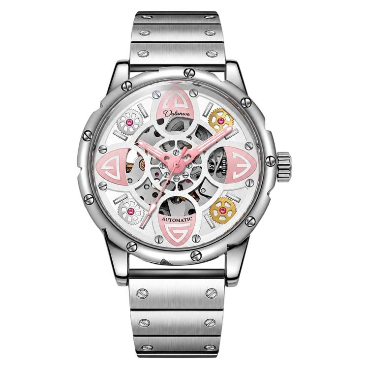 Dulunwe 6033A Clover Shaped Men Sport Skeleton Automatic Mechanical Watch — Silver Steel Strip White Surface