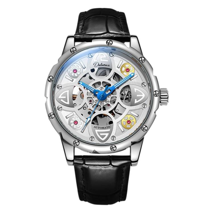 Dulunwe 6033A Clover Shaped Men Sport Skeleton Automatic Mechanical Watch — Silver Steel Strip Rose Gold White Surface