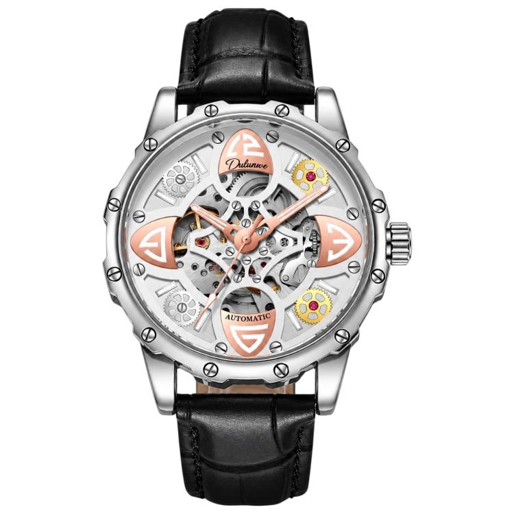 Dulunwe 6033A Clover Shaped Men Sport Skeleton Automatic Mechanical Watch — Silver Genuine Leather Strap White Surface