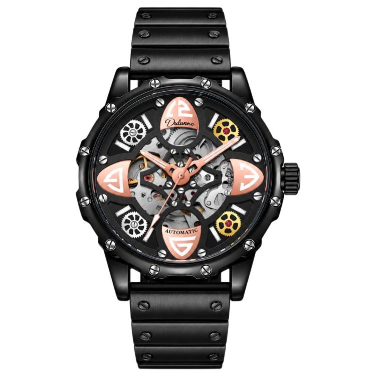 Dulunwe 6033A Clover Shaped Men Sport Skeleton Automatic Mechanical Watch — Silver Genuine Leather Strap Rose Gold White Surface