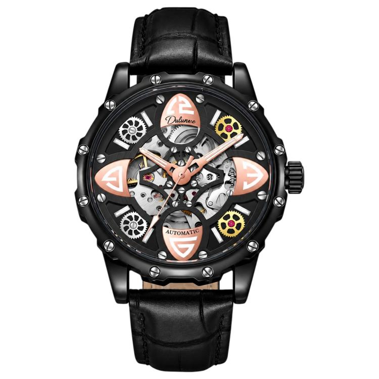 Dulunwe 6033A Clover Shaped Men Sport Skeleton Automatic Mechanical Watch — Black Silicone Strap