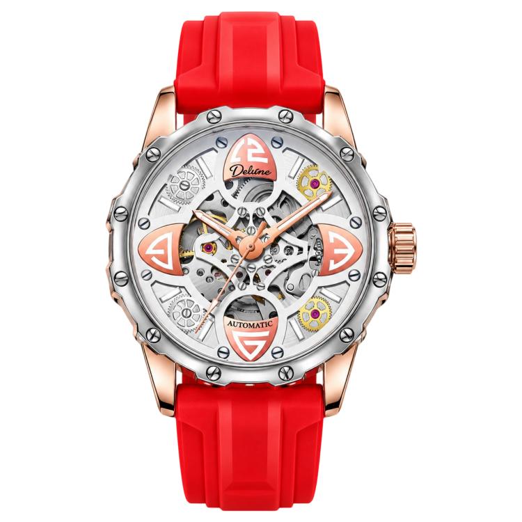 Dulunwe 6033A Clover Shaped Men Sport Skeleton Automatic Mechanical Watch — Black Shell Genuine Leather Strap Black Surface