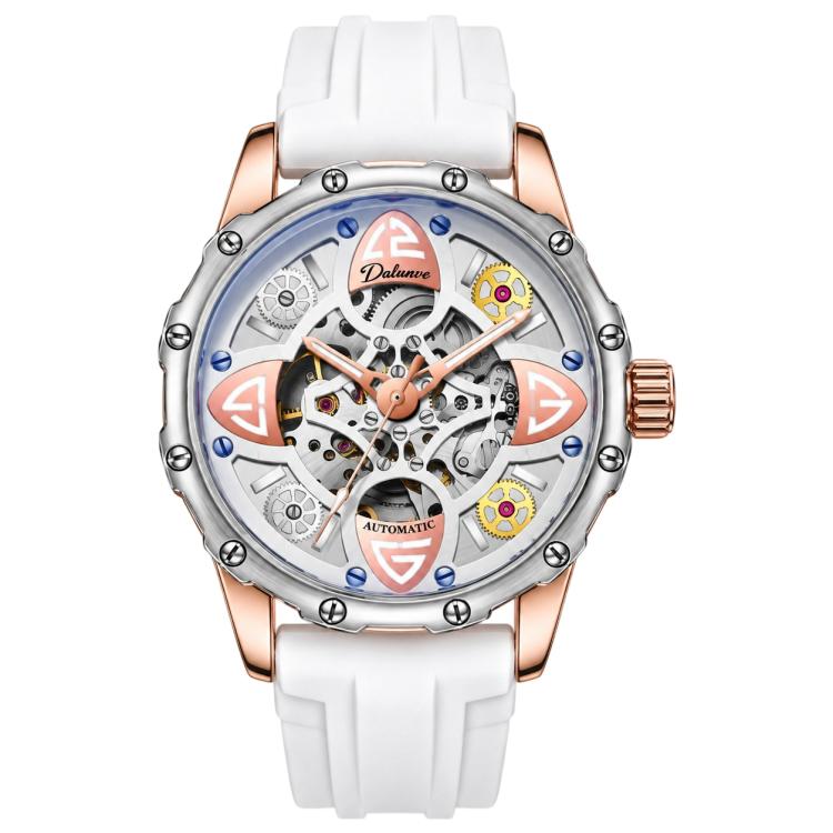 Dulunwe 6033A Clover Shaped Men Sport Skeleton Automatic Mechanical Watch — Rose Gold White Shell Red Silicone Strap Rose Gold White Surface