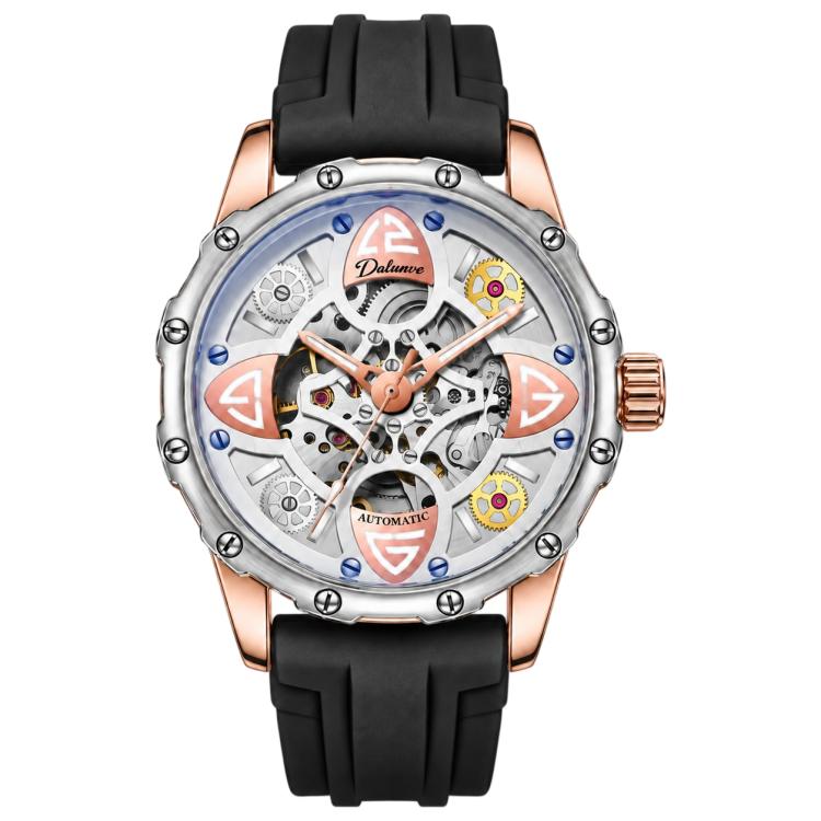 Dulunwe 6033A Clover Shaped Men Sport Skeleton Automatic Mechanical Watch — Rose Gold Shell White Silicone Strap Rose Gold Surface