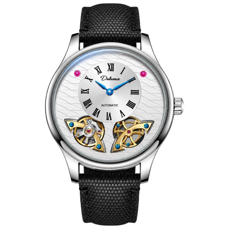 Dulunwe 6068A Double Flywheel Men Automatic Mechanical Watch — White Surface Steel Strip