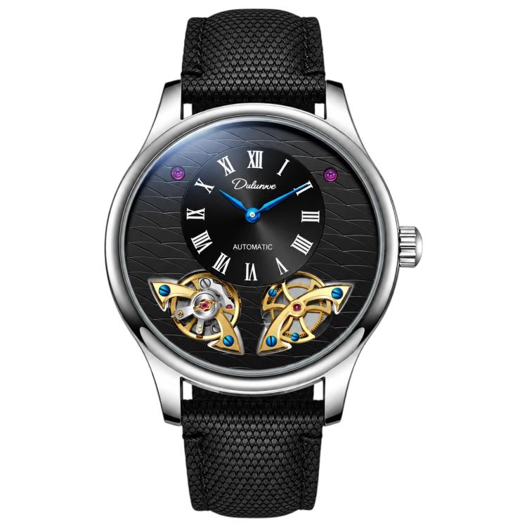 Dulunwe 6068A Double Flywheel Men Automatic Mechanical Watch — Black Surface White Steel Strip