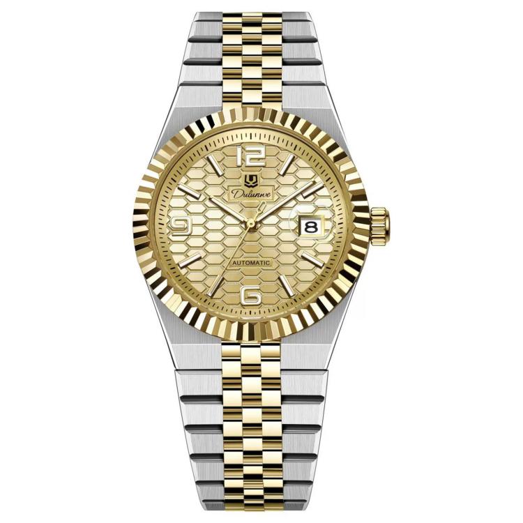 Dulunwe 6077 Honeycomb Texture Date Land Dweller Men Automatic Mechanical Watch — Gold Shell White Surface