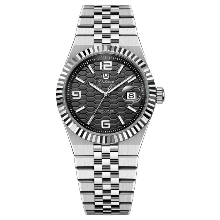 Dulunwe 6077 Honeycomb Texture Date Land Dweller Men Automatic Mechanical Watch — Silver Shell White Surface